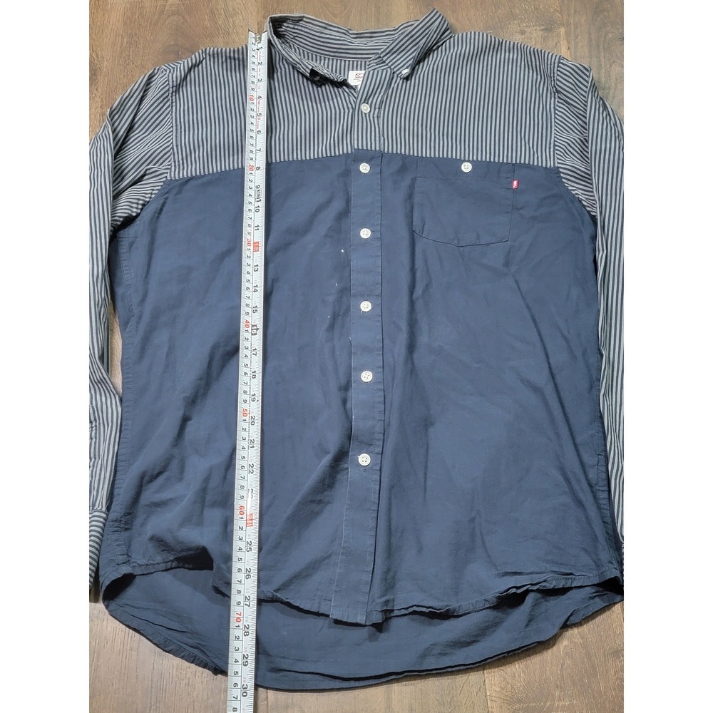 Obey Mens Large Navy Blue Colorblock Pinstripe Button Down Shirt Long Sleeve L